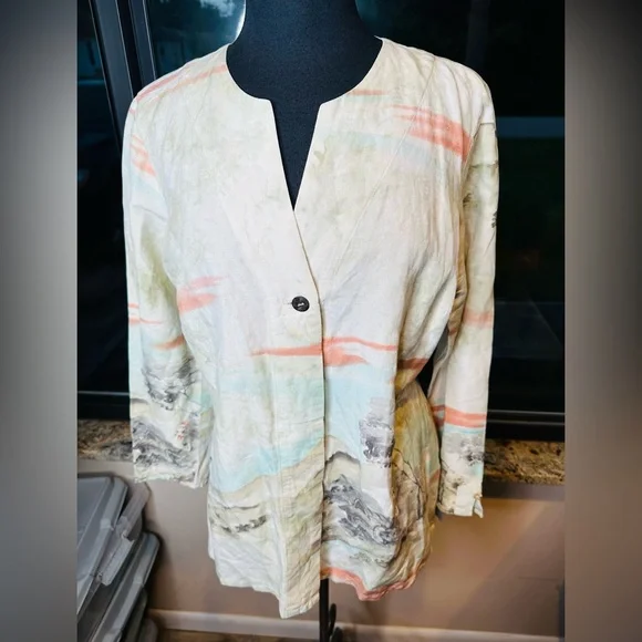 Citron Beige Tunic Landscape Scenery Silk Linen Blend Button Down Size Large - Picture 3 of 8